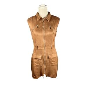 Retro Mod Faux Suede Zip Front Mini Dress Sienna Brown Size L